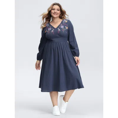 Bloomchic Women's Plus Size Pure Cotton Embroidered Neckline Midi Dress Indigo Non Midi Casual Gathered 10/m In Purple