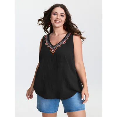 Bloomchic Women's Plus Size Pure Cotton Embroidered Neckline Tank Top Black Vacation Fit & Flare V-neck 14-16/