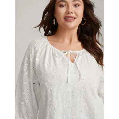 Bloomchic Women's Plus Size Pure Cotton Eyelet Texture Blouse Whitesmoke Solid Elegant 3/4 Sleeve V-notch Neck