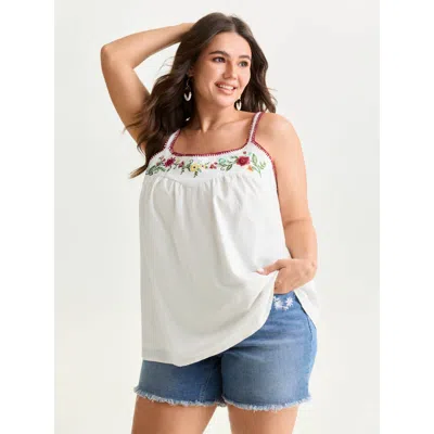 Bloomchic Women's Plus Size Pure Cotton Floral Embroidered Neckline Tank Top Originalwhite Vacation A-line 22-