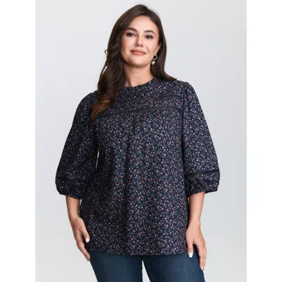 Bloomchic Women's Plus Size Pure Cotton Floral Lace Trim Blouse Indigo Ditsy Floral Elegant 3/4 Sleeve Round N In Purple