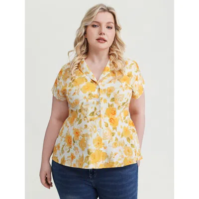 Bloomchic Women's Plus Size Pure Cotton Floral Print Front Placket Blouse Turmeric Ditsy Floral Elegant Cap Sl In Yellow