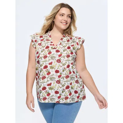 Bloomchic Women's Plus Size Pure Cotton Floral Print Notched Collar Blouse Multicolor Floral Casual Cap Sleeve