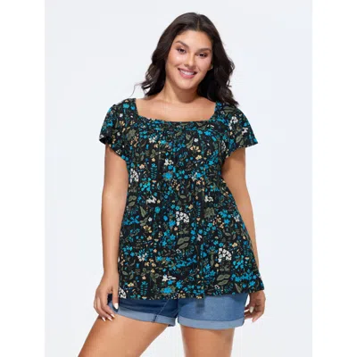 Bloomchic Women's Plus Size Pure Cotton Floral Print Square Neck Top Black Cap Sleeve Casual 10/m