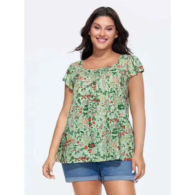Bloomchic Women's Plus Size Pure Cotton Floral Print Square Neck Top Greenbean Cap Sleeve Casual 22-24/3x
