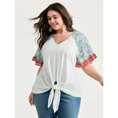 Bloomchic Women's Plus Size Pure Cotton Floral Sleeve Knotted T-shirt Originalwhite Non Vacation Short Sleeve 