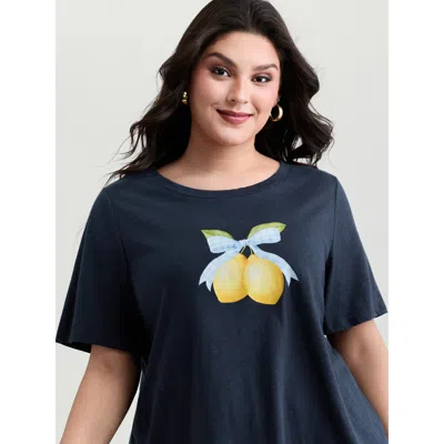 Bloomchic Women's Plus Size Pure Cotton Fresh Lemon Print T-shirt Indigo Non Vacation Short Sleeve 12/l In Purple