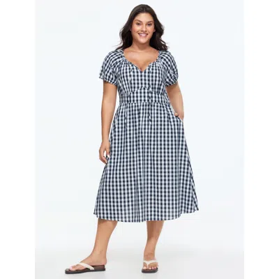 Bloomchic Women's Plus Size Pure Cotton Gingham Print Puffy Sleeve Midi Dress Indigo Plaid Maxi Casual Lace-up In Purple