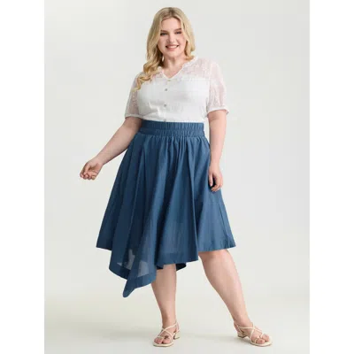 Bloomchic Women's Plus Size Pure Cotton High Low Hem Midi Skirt Skyblue Asymmetrical A-line Casual 12/l In Blue