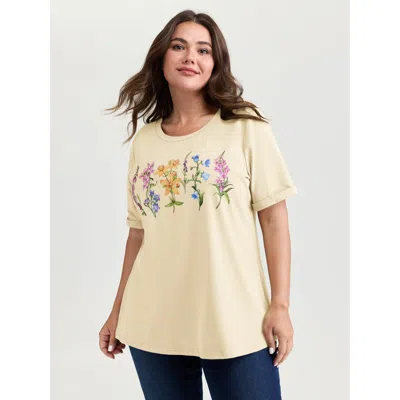Bloomchic Women's Plus Size Pure Cotton In Bloom T-shirt Beige Floral Casual Short Sleeve 12/l In Sand