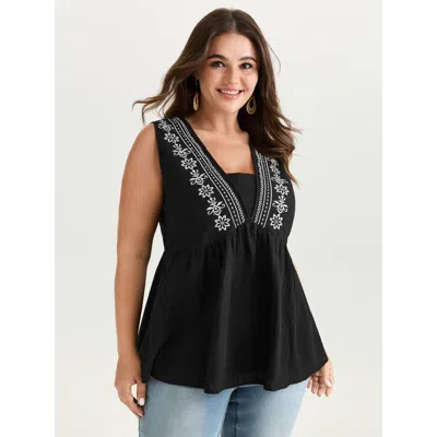 Bloomchic Women's Plus Size Pure Cotton Jacquard Embroidered Tank Top Black Vacation Fitted Fit & Flare Square
