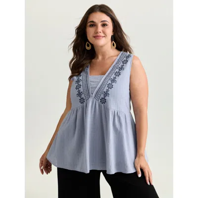 Bloomchic Women's Plus Size Pure Cotton Jacquard Embroidered Tank Top Stone Vacation Fitted Fit & Flare Square In Gray