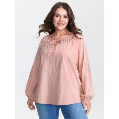Bloomchic Women's Plus Size Pure Cotton Jacquard Neck-tie Blouse Dirtypink Solid Casual Long Sleeve V-notch Ne