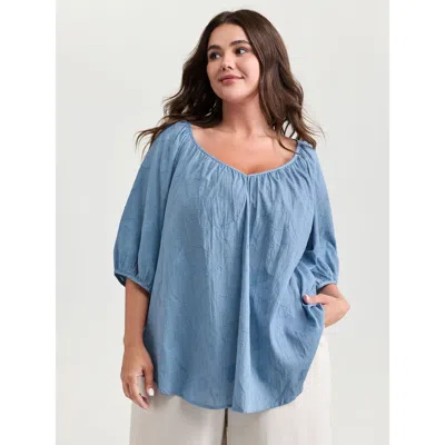 Bloomchic Women's Plus Size Pure Cotton Jacquard Pleated Blouse Lightblue Non Casual Half Sleeve 12/l In Blue