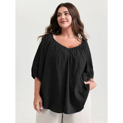 Bloomchic Women's Plus Size Pure Cotton Jacquard Pleated Blouse Pureblack Non Casual Half Sleeve 14-16/1x