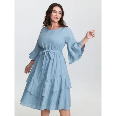 Bloomchic Women's Plus Size Pure Cotton Jacquard Textured Waist-tie Midi Dress Stone Solid Midi Casual Ruffles In Gray