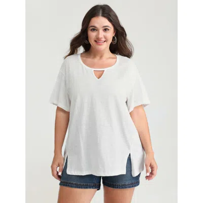 Bloomchic Women's Plus Size Pure Cotton Keyhole Neckline Flowy T-shirt Whitesmoke Non Casual Short Sleeve 10/m