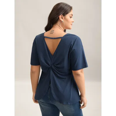 Bloomchic Women's Plus Size Pure Cotton Knotted Backless T-shirt Midnight Solid Vacation Short Sleeve Round Ne In Blue