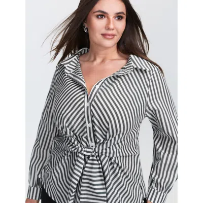 Bloomchic Women's Plus Size Pure Cotton Knotted Waist Blouse Dimgray Stripes Office Long Sleeve 14-16/1x