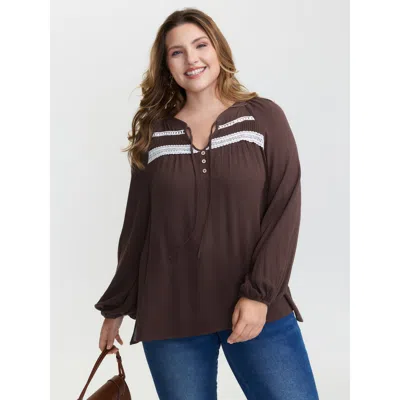 Bloomchic Women's Plus Size Pure Cotton Lace Trim Blouse Darkbrown Non Vacation Long Sleeve 10/m In Brown