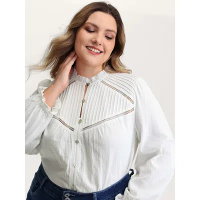 Bloomchic Women's Plus Size Pure Cotton Lace Trim Button Blouse Ivory Synthetic Texture Elegant Sleeveless 10/ In White