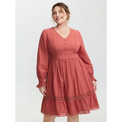Bloomchic Women's Plus Size Pure Cotton Lace Trim Knee-length Dress Salmon Non Knee Elegant Woven Ribbon&lace  In Pink