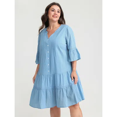 Bloomchic Women's Plus Size Pure Cotton Lace Trim Tiered Midi Dress Lightblue Non Short Casual Woven Ribbon&la In Blue