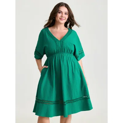Bloomchic Women's Plus Size Pure Cotton Lace Trim V-neck Mini Dress Malachitegreen Non Knee Casual Woven Ribbo