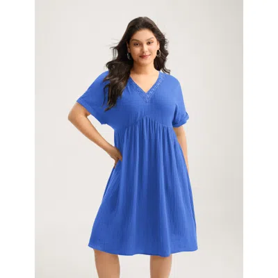 Bloomchic Women's Plus Size Pure Cotton Lace V-neck Solid Mini Dress Brightblue Solid Midi Casual Patchwork 10 In Blue