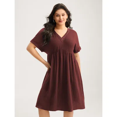 Bloomchic Women's Plus Size Pure Cotton Lace V-neck Solid Mini Dress Maroon Solid Midi Casual Patchwork 10/m In Burgundy