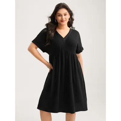 Bloomchic Women's Plus Size Pure Cotton Lace V-neck Solid Mini Dress Pureblack Solid Midi Casual Patchwork 10/