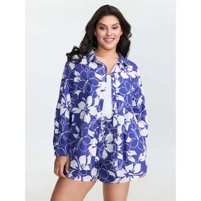 Bloomchic Women's Plus Size Pure Cotton Large Floral Print Shirt Mediumblue Casual Long Sleeve 18-20/2x