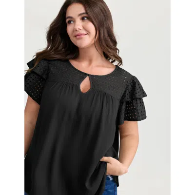 Bloomchic Women's Plus Size Pure Cotton Layered Sleeve Flowy Blouse Black Non Casual Short Sleeve 28/5x