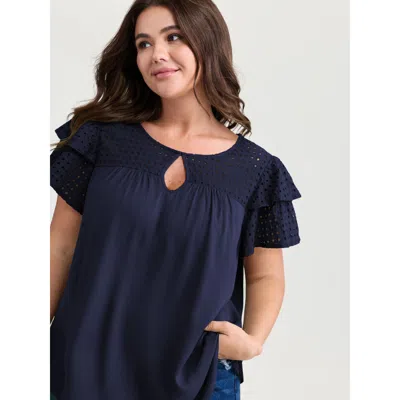 Bloomchic Women's Plus Size Pure Cotton Layered Sleeve Flowy Blouse Darkindigo Non Casual Short Sleeve 18-20/2 In Purple