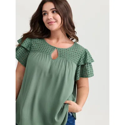Bloomchic Women's Plus Size Pure Cotton Layered Sleeve Flowy Blouse Emerald Non Casual Short Sleeve 10/m In Green
