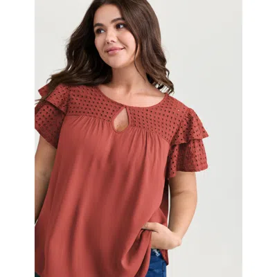 Bloomchic Women's Plus Size Pure Cotton Layered Sleeve Flowy Blouse Rust Non Casual Short Sleeve 12/l In Brown