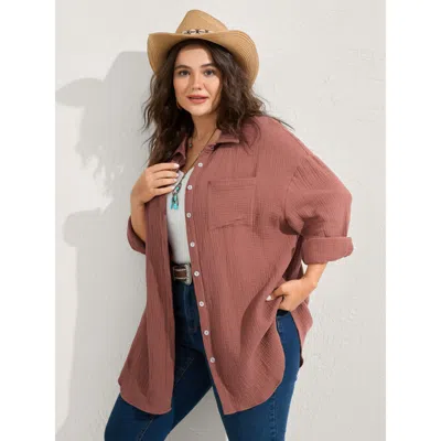 Bloomchic Women's Plus Size Pure Cotton Long Button Down Jacket Rust Texture T-line 10/m In Brown