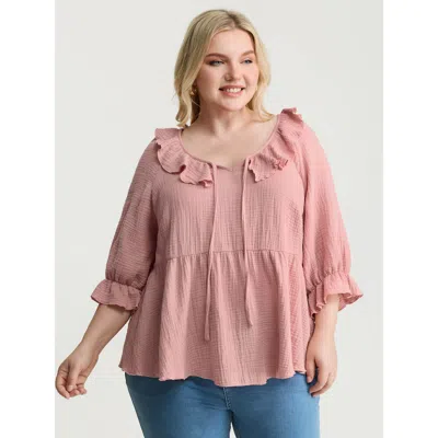 Bloomchic Women's Plus Size Pure Cotton Lotus Leaf Neckline Plain Blouse Watermelon Non Casual 3/4 Sleeve 12/l In Green