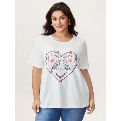 Bloomchic Women's Plus Size Pure Cotton Love Notes Round Neck T-shirt Originalwhite Solid Casual Short Sleeve 