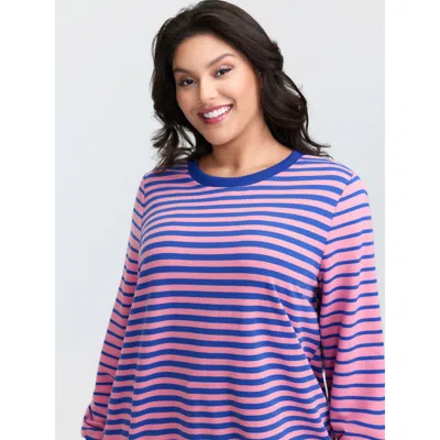 Bloomchic Women's Plus Size Pure Cotton Multicolor Stripe Sweatshirt Brightblue Casual 12/l In Blue