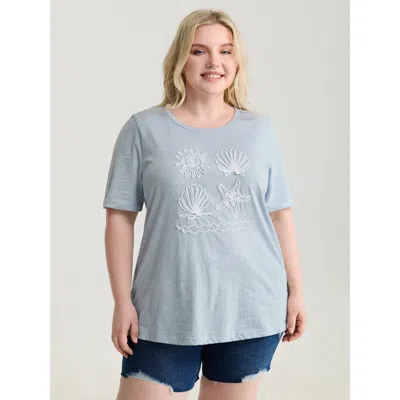 Bloomchic Women's Plus Size Pure Cotton Ocean Embroidered Stretchy T-shirt Lightblue Non Casual Short Sleeve 1 In Blue