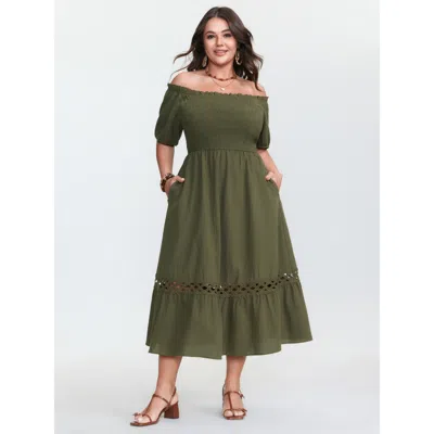 Bloomchic Women's Plus Size Pure Cotton Off-shoulder Midi Dress Armygreen Non Midi Vacation 18-20/2x