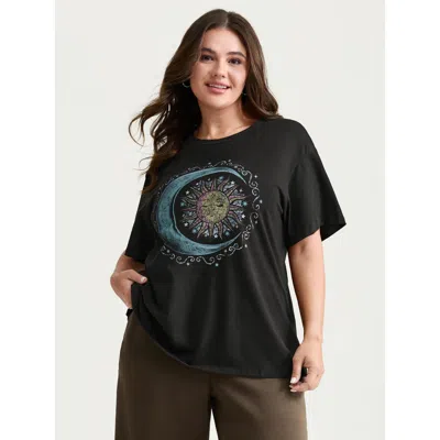 Bloomchic Women's Plus Size Pure Cotton Outerspace Print T-shirt Black Stars And Moons Casual Short Sleeve 22-