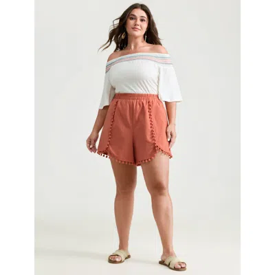 Bloomchic Women's Plus Size Pure Cotton Petal Hem Shorts Coral Vacation Tapered Fit Woven Ribbon&lace Trim Sho In Orange