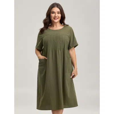 Bloomchic Women's Plus Size Pure Cotton Pin-tuck Pleats Midi Dress Armygreen Non Midi Casual Tucked Seam 10/m