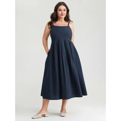 Bloomchic Women's Plus Size Pure Cotton Pleated Adjustable Midi Dress Midnight Non Midi Casual Texture 10/m In Blue