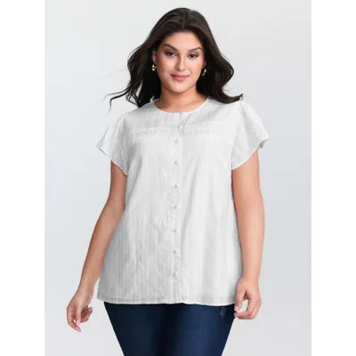 Bloomchic Women's Plus Size Pure Cotton Pleated Button-down Shirt Originalwhite Casual Cap Sleeve 12/l