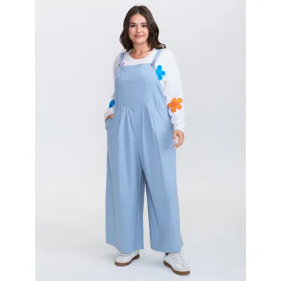 Bloomchic Women's Plus Size Pure Cotton Pleated Overall Jumpsuit Skyblue Casual 10/m In Blue