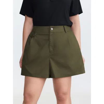Bloomchic Women's Plus Size Pure Cotton Pleated Plain Shorts Armygreen Casual Wide Leg Button Shorts 10/m