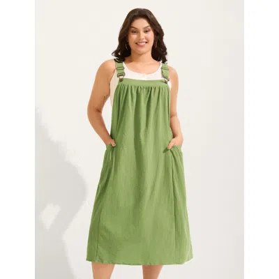 Bloomchic Women's Plus Size Pure Cotton Pleated Pockets Midi Dress Applegreen Solid Midi Vacation Ruched 10/m